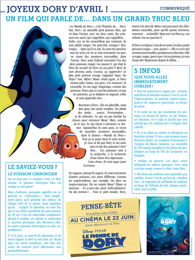 "Le Monde de Dory" / Full page dans le quotidien 20 minutes